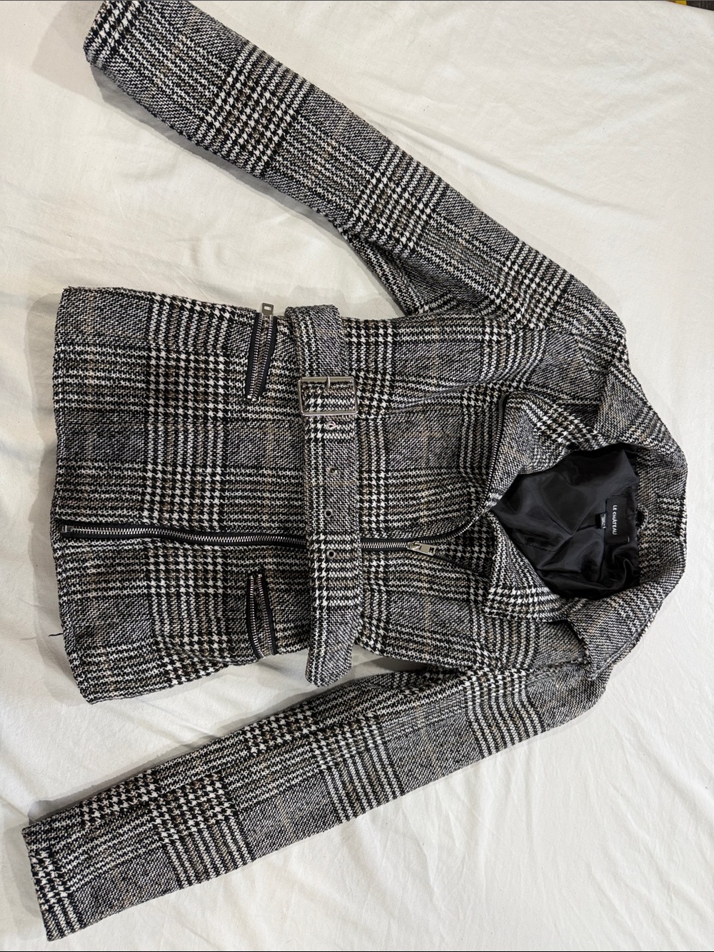 le Chateau Black & White Plaid Belted Pea Coat